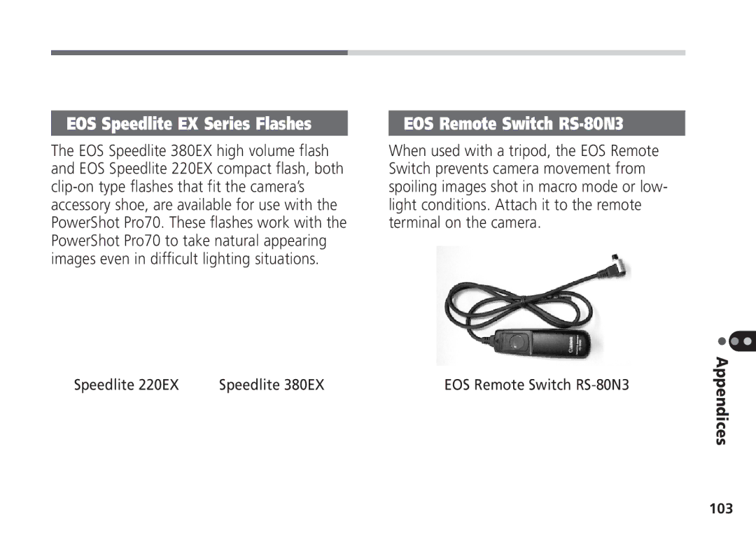 Canon Pro70 manual EOS Speedlite EX Series Flashes, Appendices 103 