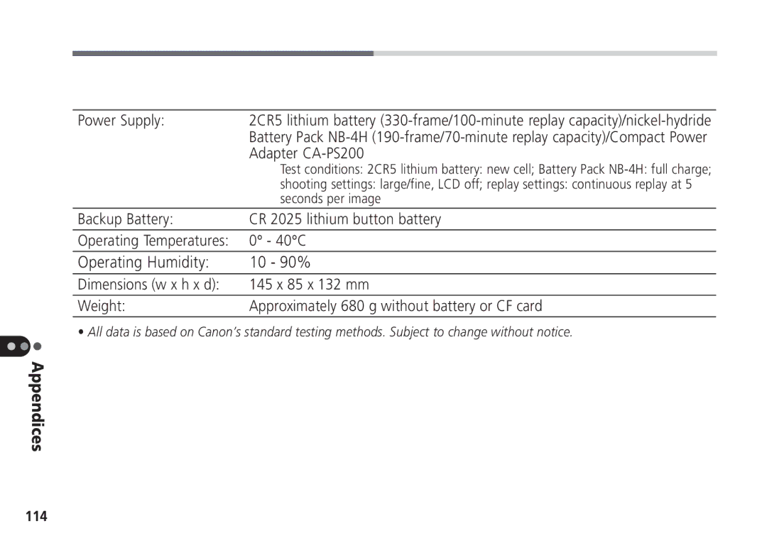 Canon Pro70 manual Operating Humidity 10 90%, Appendices 114 