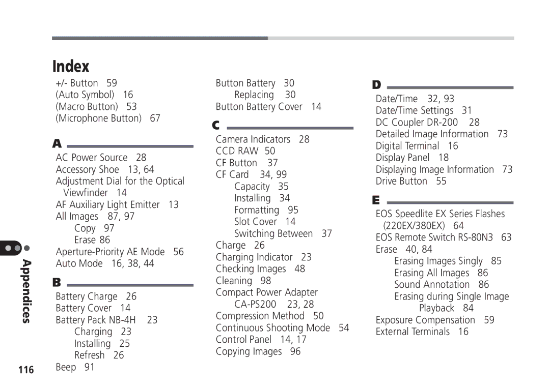 Canon Pro70 manual Index, Ccd Raw 