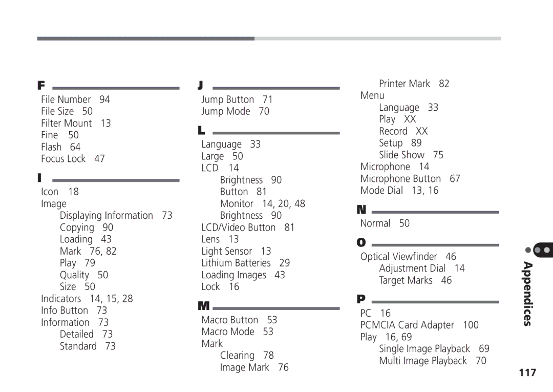 Canon Pro70 manual Lcd, Appendices 117 