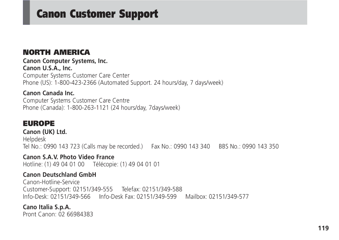 Canon Pro70 manual Canon Computer Systems, Inc Canon U.S.A., Inc, Canon Canada Inc, Canon S.A.V. Photo Video France, 119 