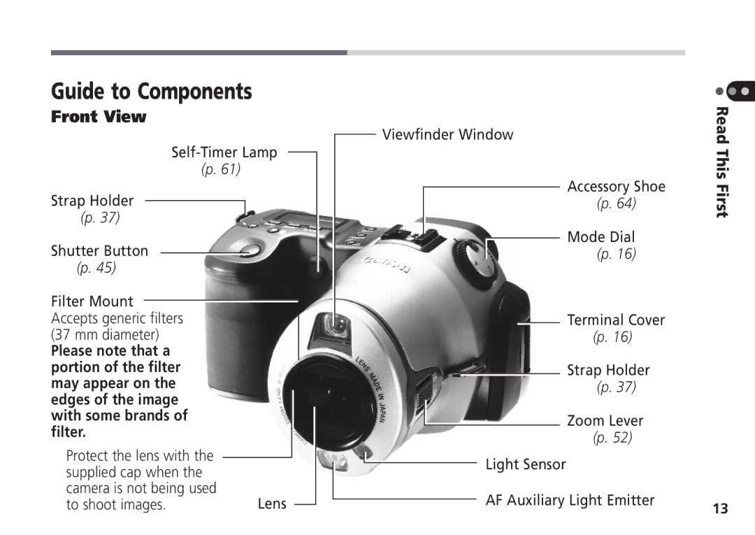 Canon Pro70 manual Guide to Components, Front View 