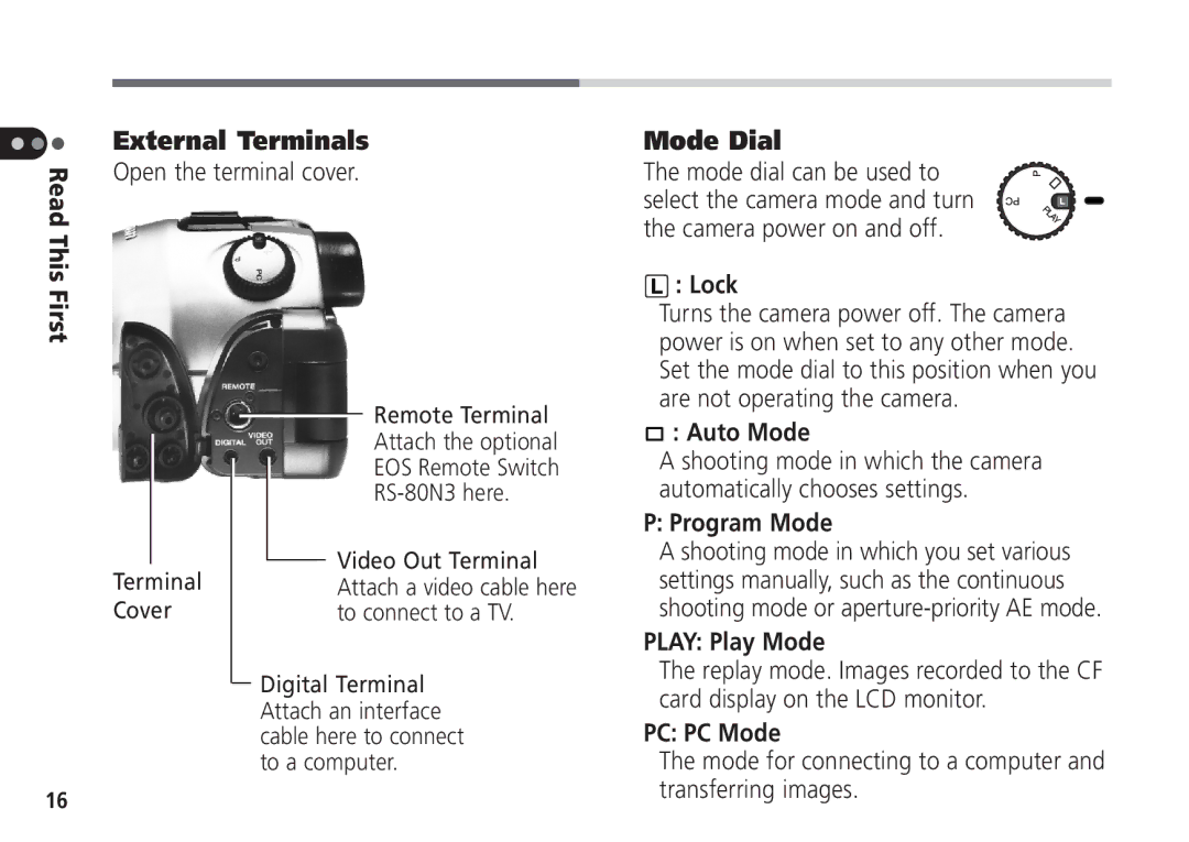 Canon Pro70 manual External Terminals, Mode Dial 