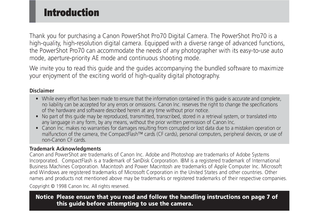 Canon Pro70 manual Introduction 