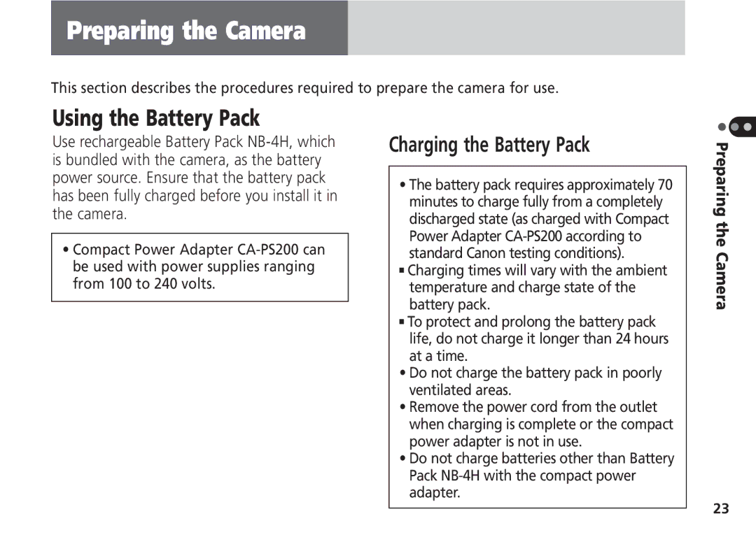 Canon Pro70 manual Using the Battery Pack, Charging the Battery Pack 