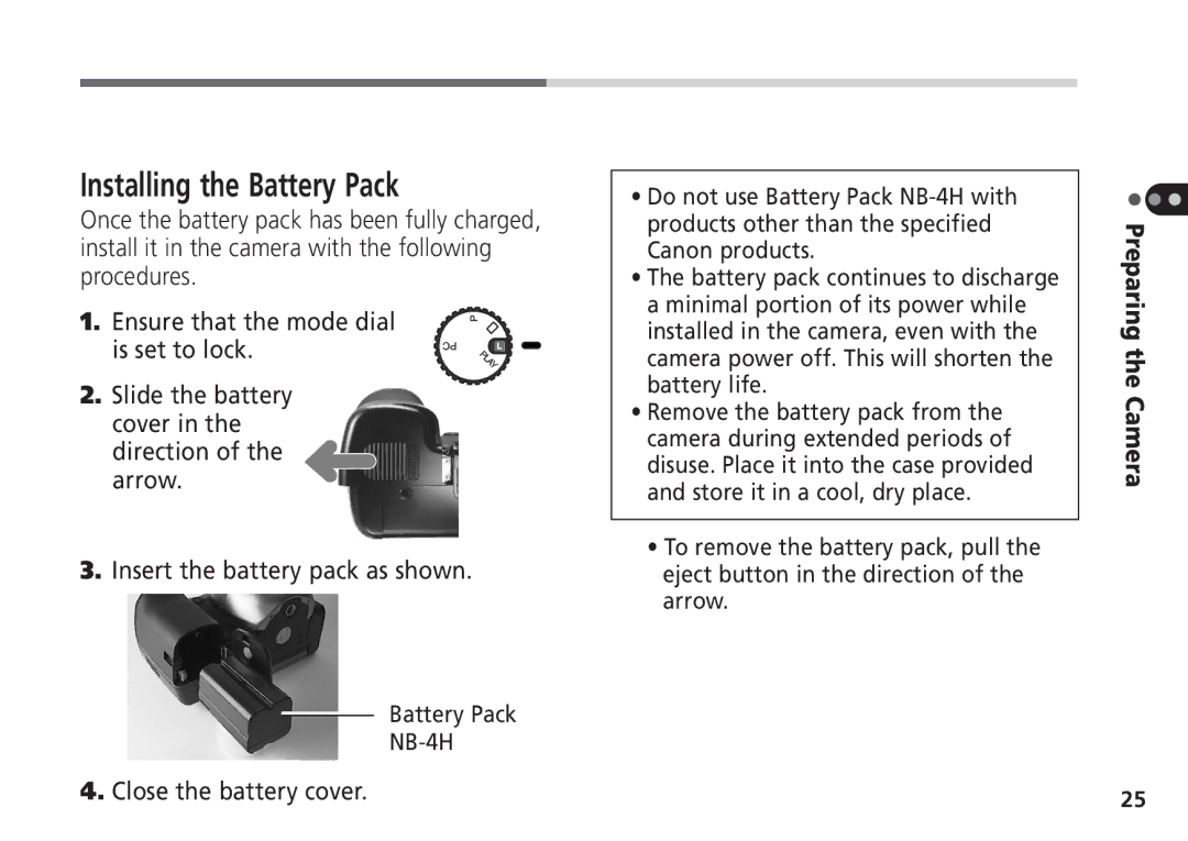 Canon Pro70 manual Installing the Battery Pack, Close the battery cover 