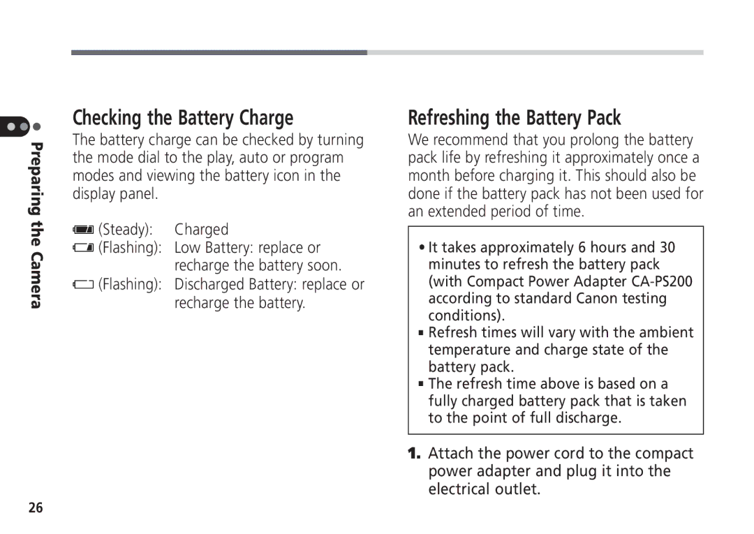 Canon Pro70 manual Checking the Battery Charge, Refreshing the Battery Pack, Low Battery replace or, Recharge the battery 