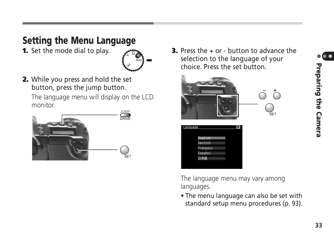 Canon Pro70 manual Setting the Menu Language, Set the mode dial to play, Language menu will display on the LCD monitor 