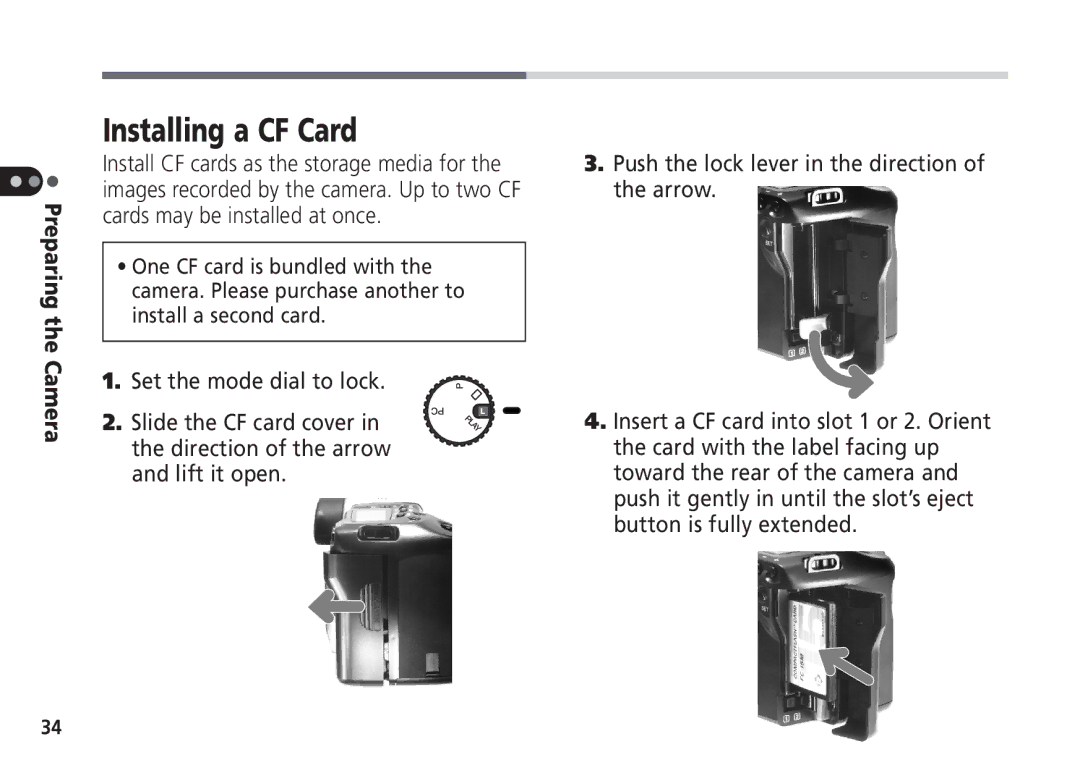 Canon Pro70 manual Installing a CF Card 