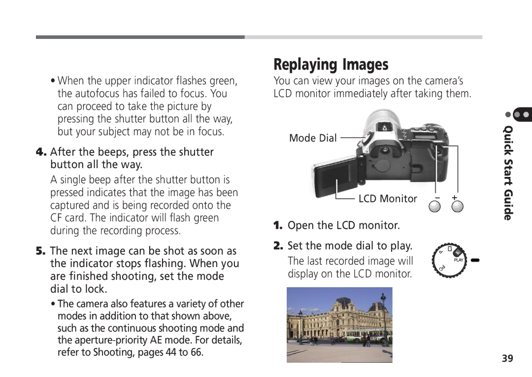 Canon Pro70 manual Replaying Images, After the beeps, press the shutter button all the way 