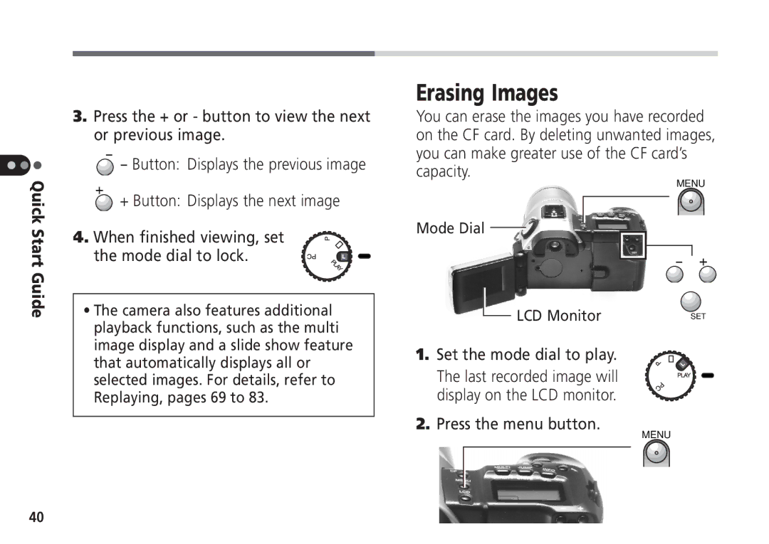 Canon Pro70 manual Erasing Images, Press the menu button 