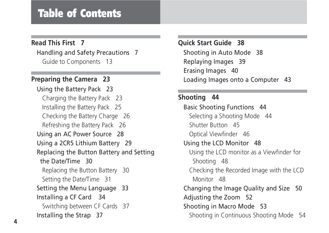 Canon Pro70 manual Table of Contents 