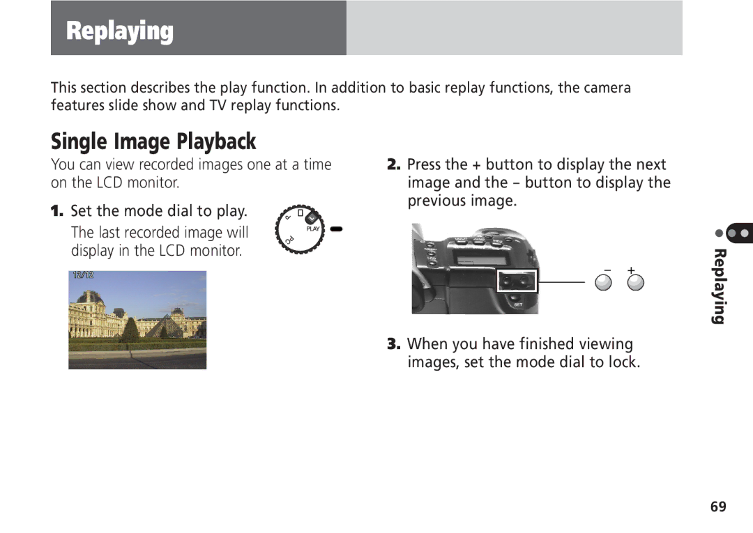 Canon Pro70 manual Single Image Playback, Replaying 