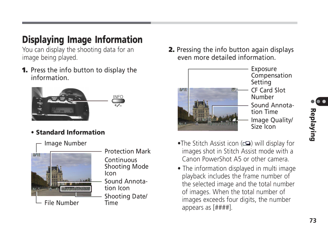 Canon Pro70 manual Displaying Image Information, Standard Information 