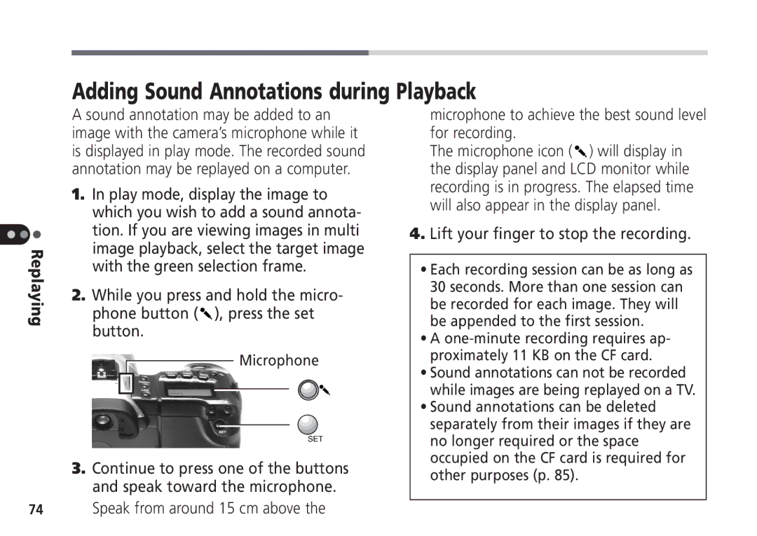 Canon Pro70 manual Adding Sound Annotations during Playback, Lift your finger to stop the recording 