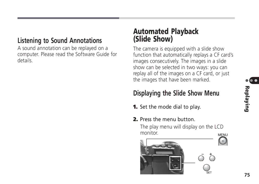 Canon Pro70 manual Automated Playback Slide Show, Listening to Sound Annotations 