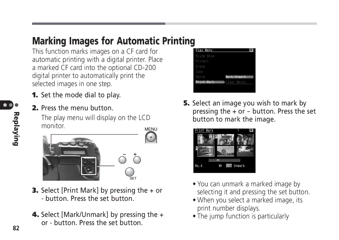 Canon Pro70 manual Marking Images for Automatic Printing, Jump function is particularly 