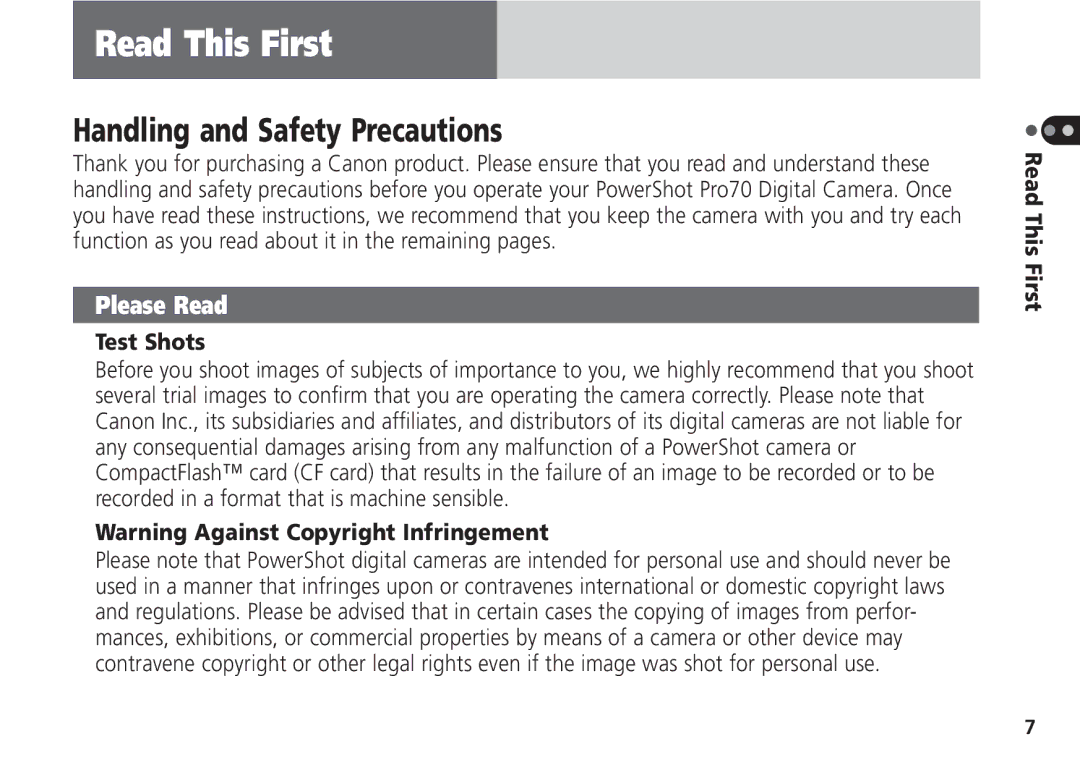 Canon Pro70 manual Handling and Safety Precautions, Test Shots, Read This First 