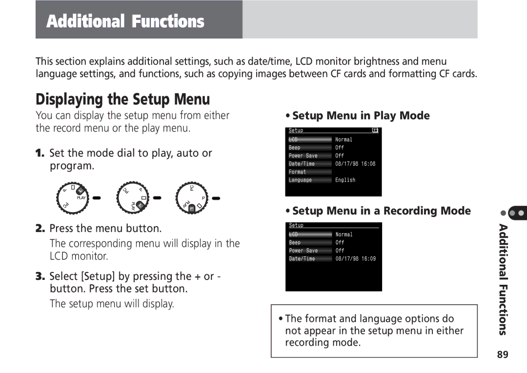 Canon Pro70 manual Displaying the Setup Menu, You can display the setup menu from either, Setup Menu in Play Mode 