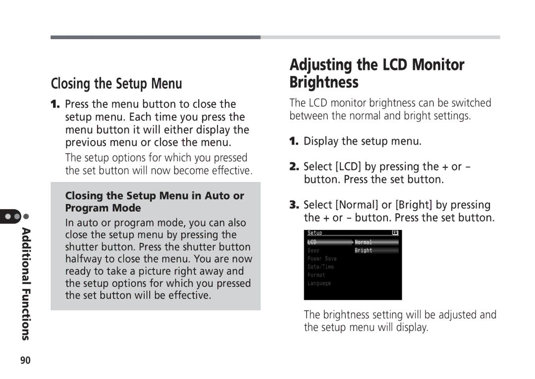 Canon Pro70 manual Adjusting the LCD Monitor Brightness, Closing the Setup Menu in Auto or Program Mode 