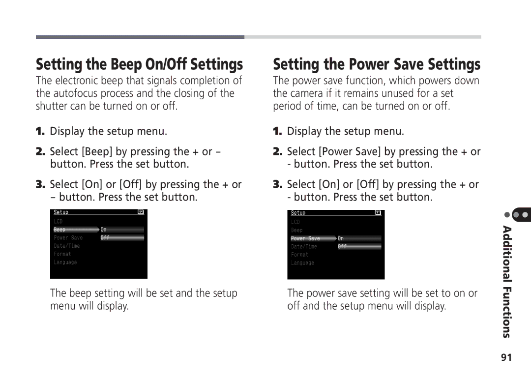 Canon Pro70 manual Setting the Beep On/Off Settings, Setting the Power Save Settings 