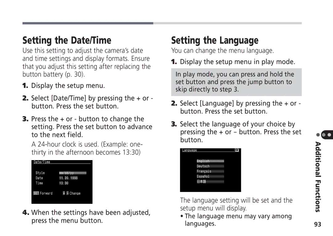 Canon Pro70 manual Setting the Date/Time, Setting the Language, When the settings have been adjusted, press the menu button 