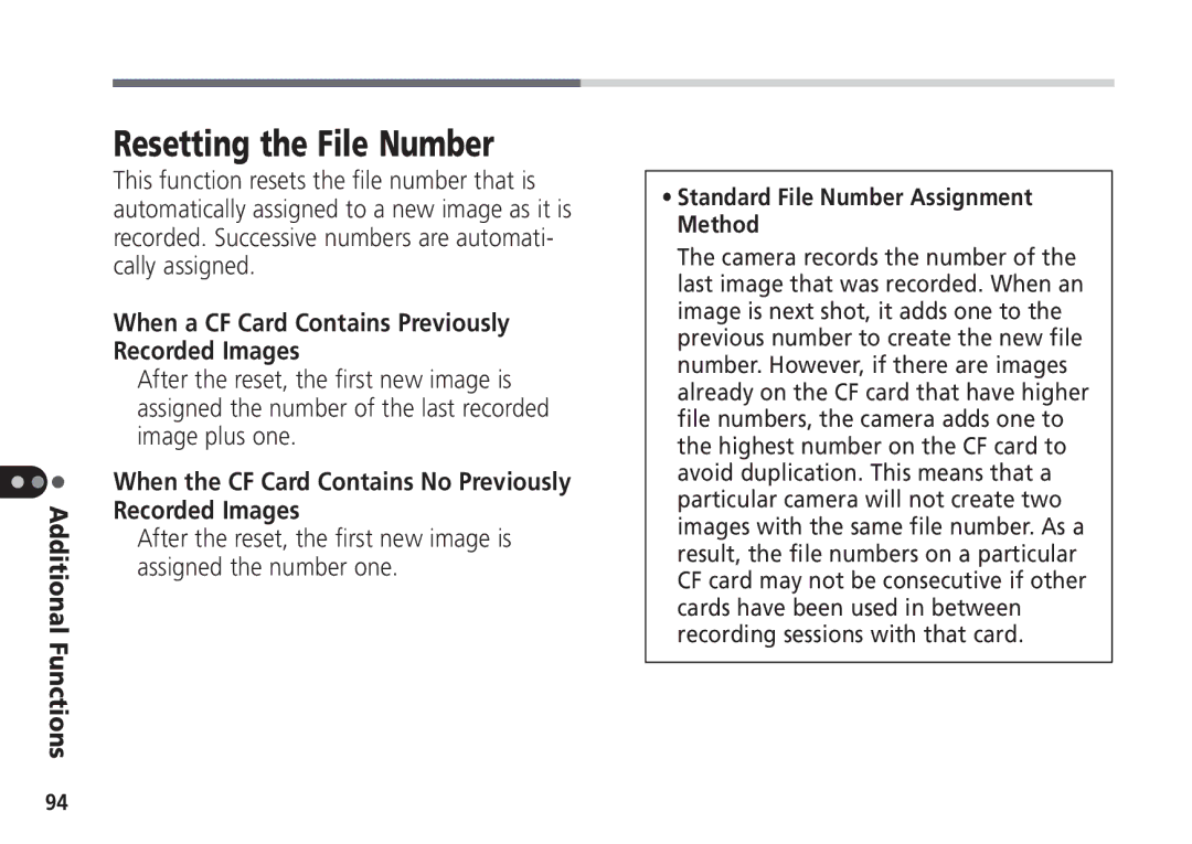 Canon Pro70 manual Resetting the File Number, When a CF Card Contains Previously Recorded Images 