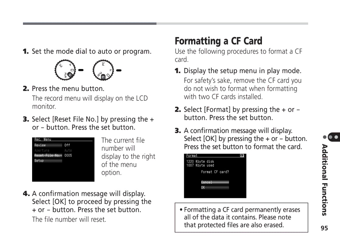 Canon Pro70 manual Formatting a CF Card, File number will reset 