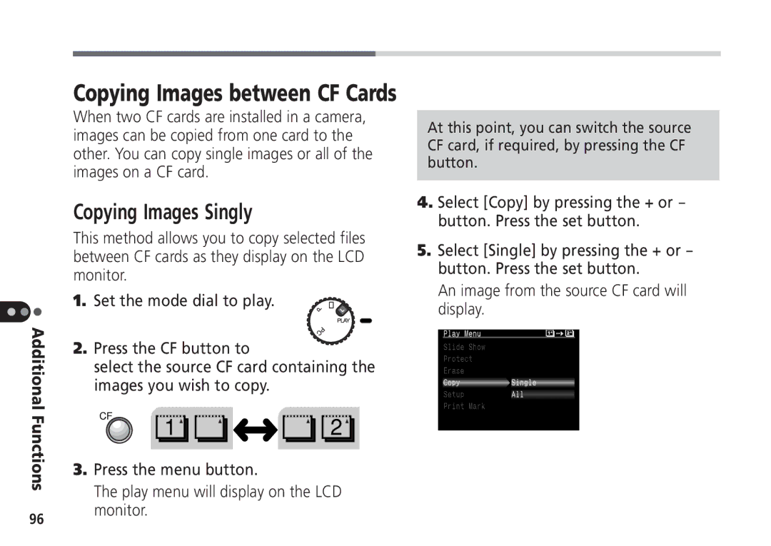 Canon Pro70 manual Copying Images Singly, Copying Images between CF Cards 