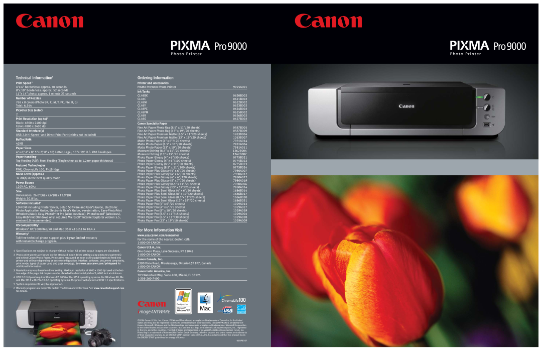 Canon Pro9000 dimensions Technical Information1, Ordering Information, For More Information Visit 
