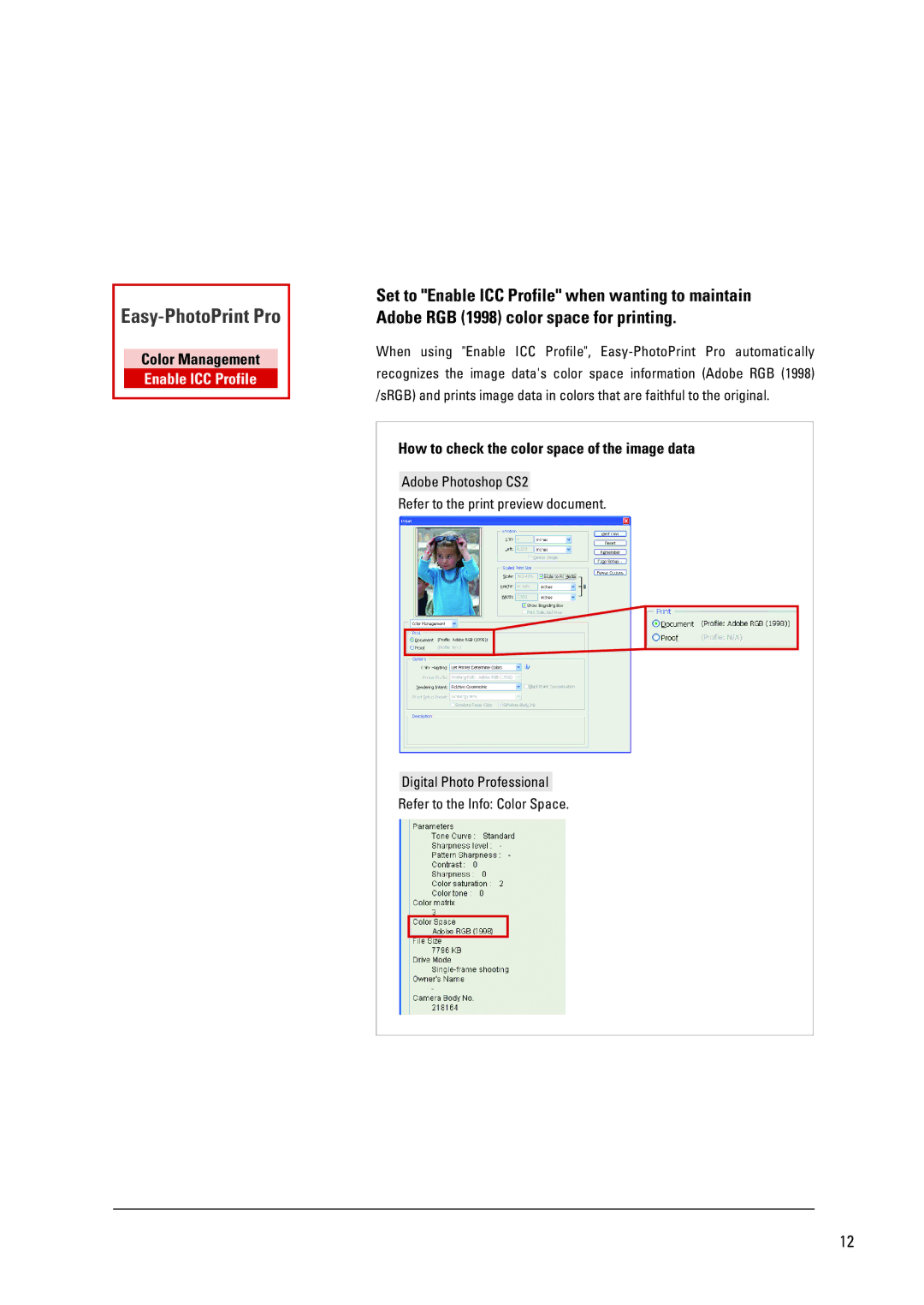 Canon Pro9500 dimensions How to check the color space of the image data 