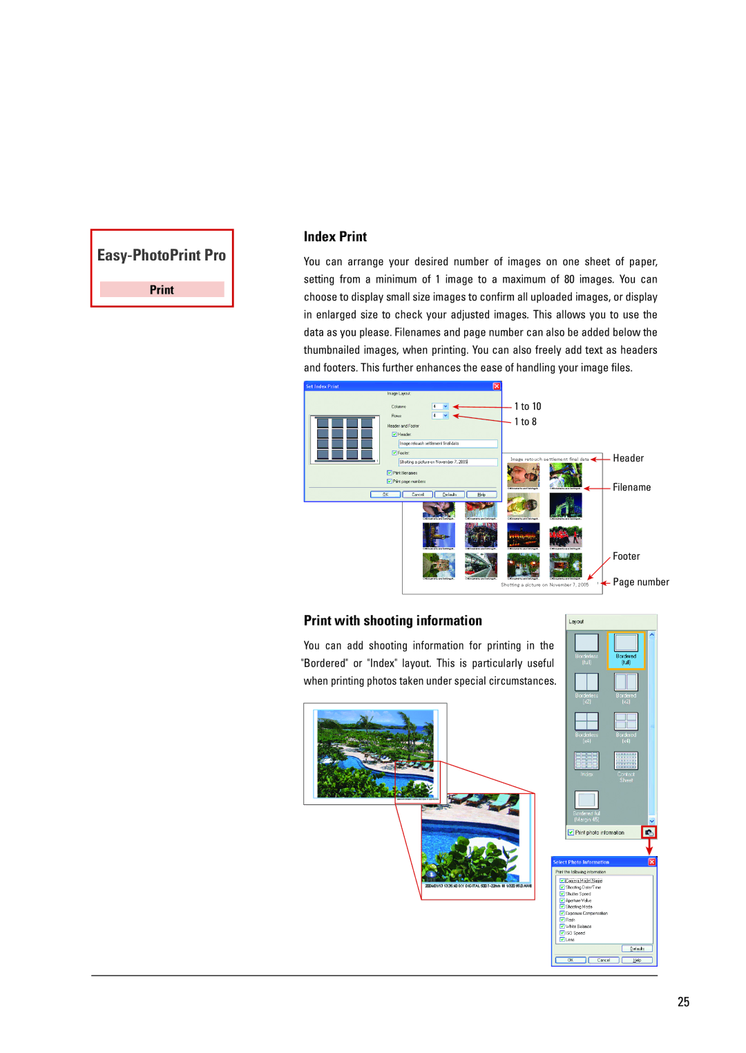 Canon Pro9500 dimensions Index Print, Print with shooting information 