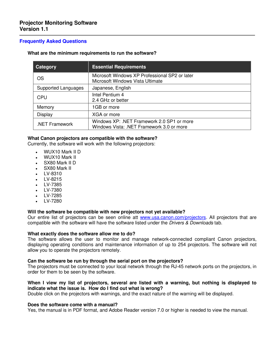 Canon project monitoring software manual Projector Monitoring Software Version, Frequently Asked Questions 