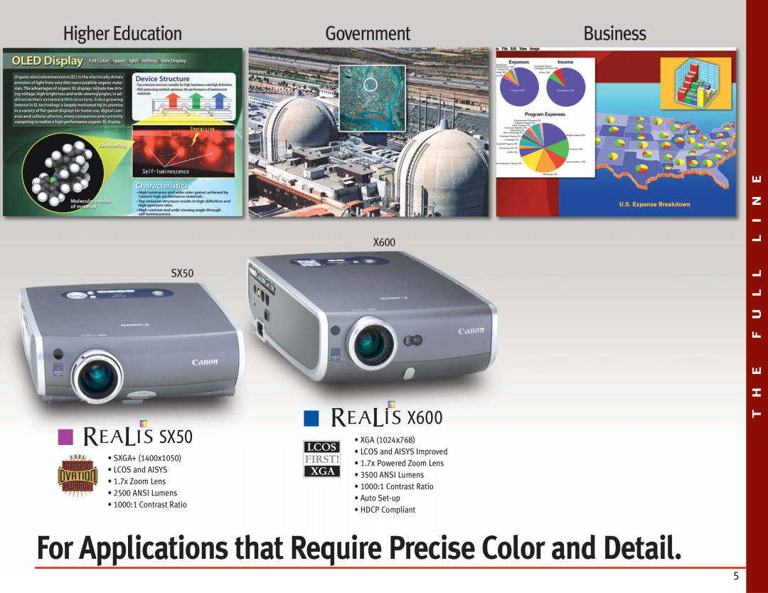 Canon Projectors manual Higher Education, Government, T H E F U L L L I N E, Business, X600 SX50, Contrast Ratio 