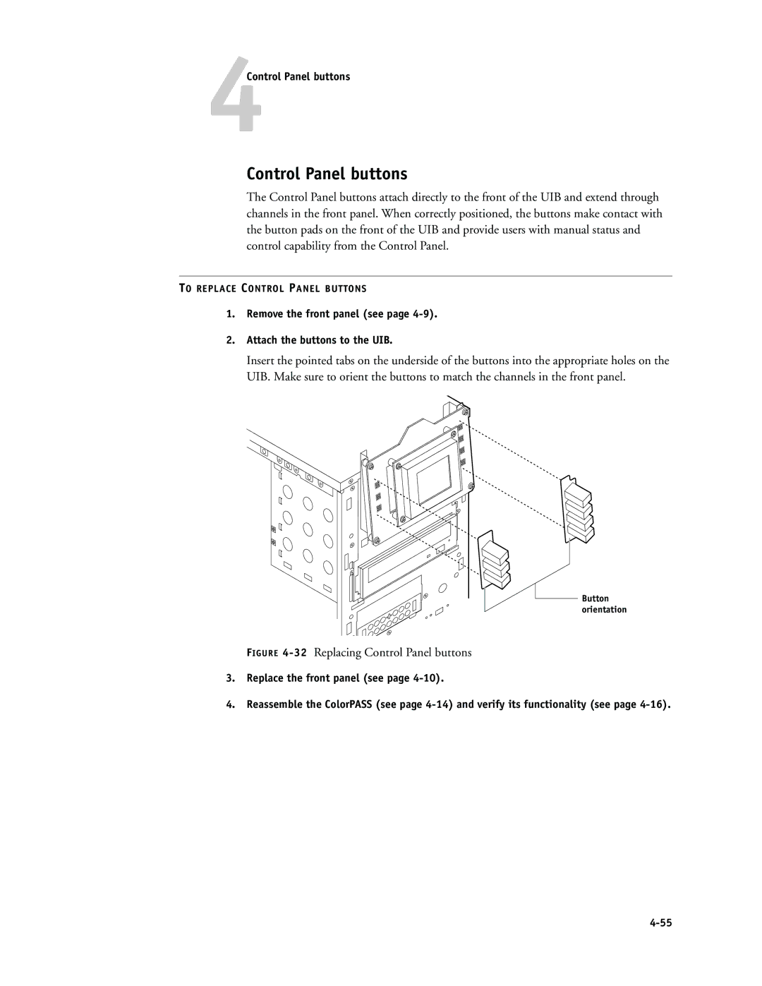 Canon PS-NX6000 manual 4Control Panel buttons, Remove the front panel see Attach the buttons to the UIB 