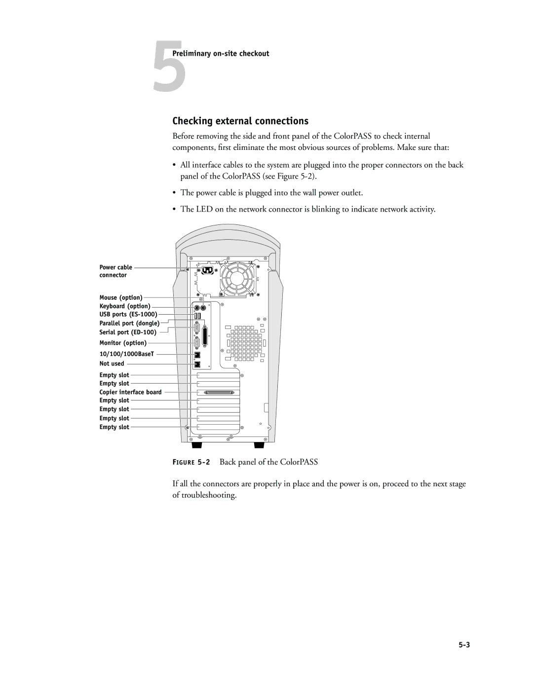 Canon PS-NX6000 manual Checking external connections, 5Preliminary on-site checkout 