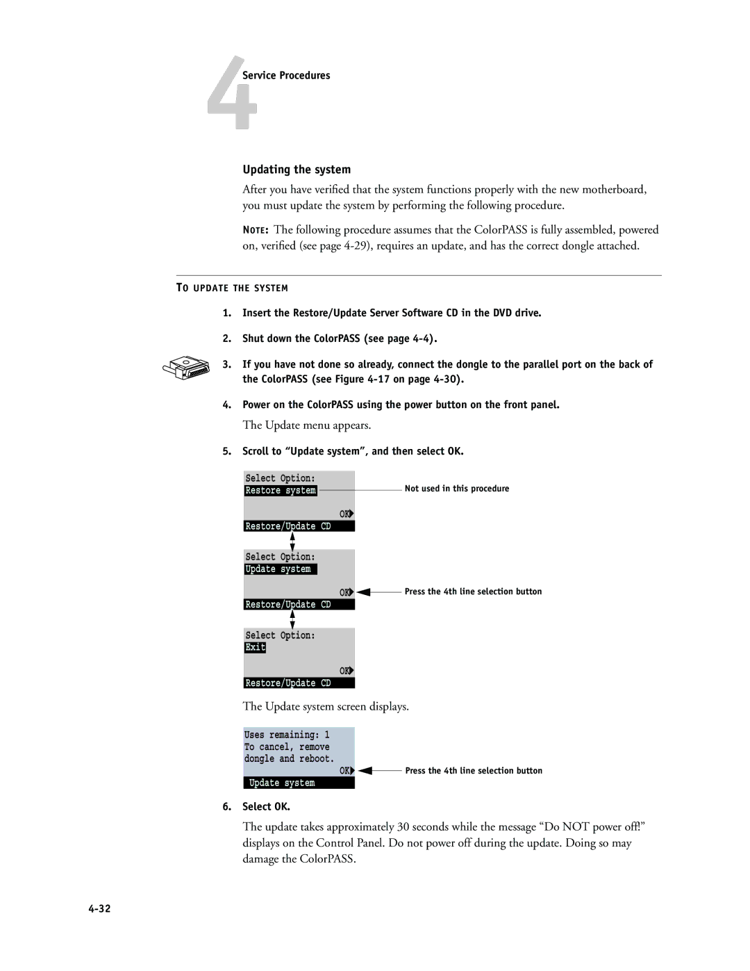 Canon PS-NX6000 Update menu appears, Update system screen displays, Scroll to Update system, and then select OK, Select OK 