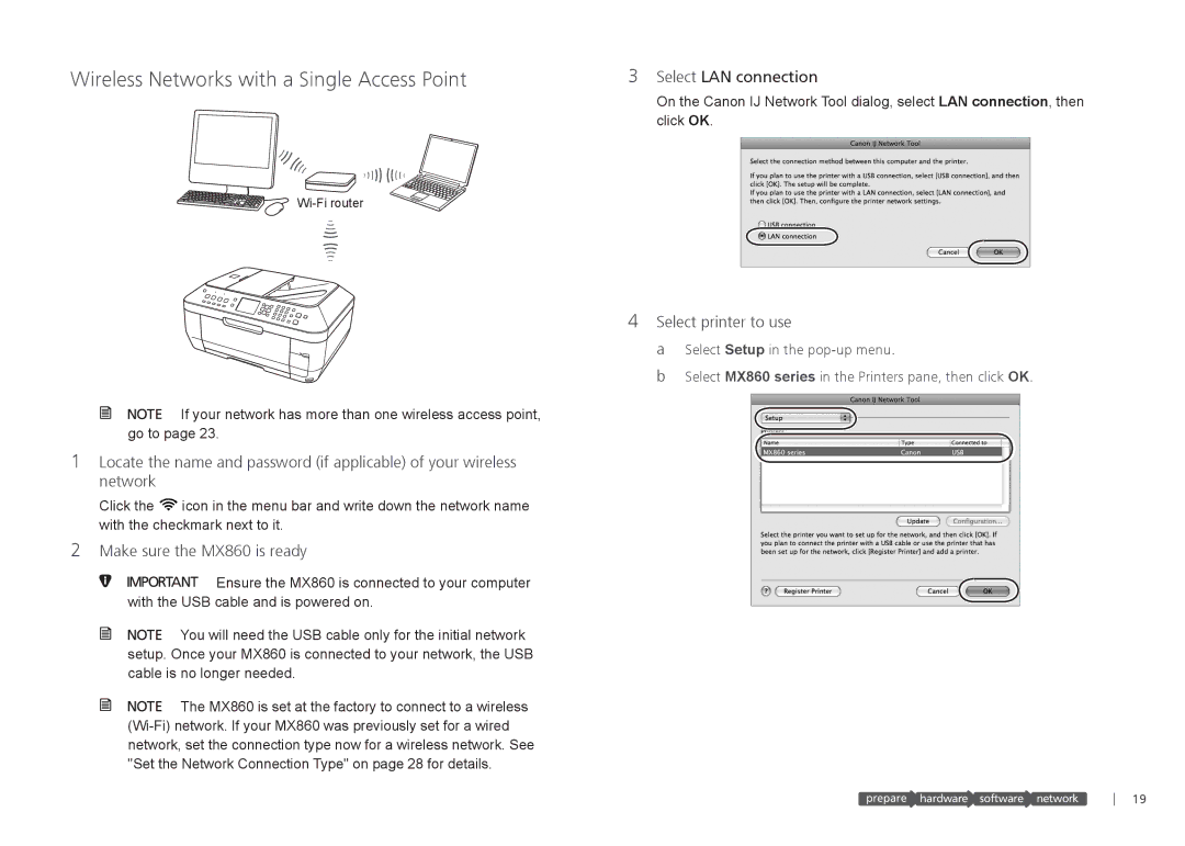 Canon 3301B002 warranty Wireless Networks with a Single Access Point, Select printer to use, Make sure the MX860 is ready 