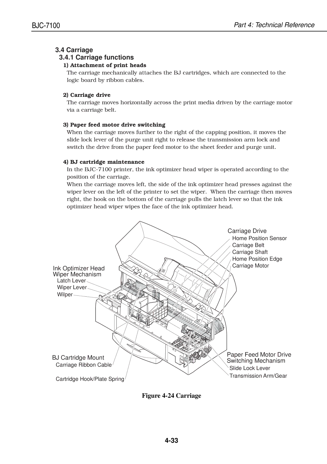 Canon QY8-1360-000 manual Carriage Carriage functions, Attachment of print heads, Carriage drive, BJ cartridge maintenance 