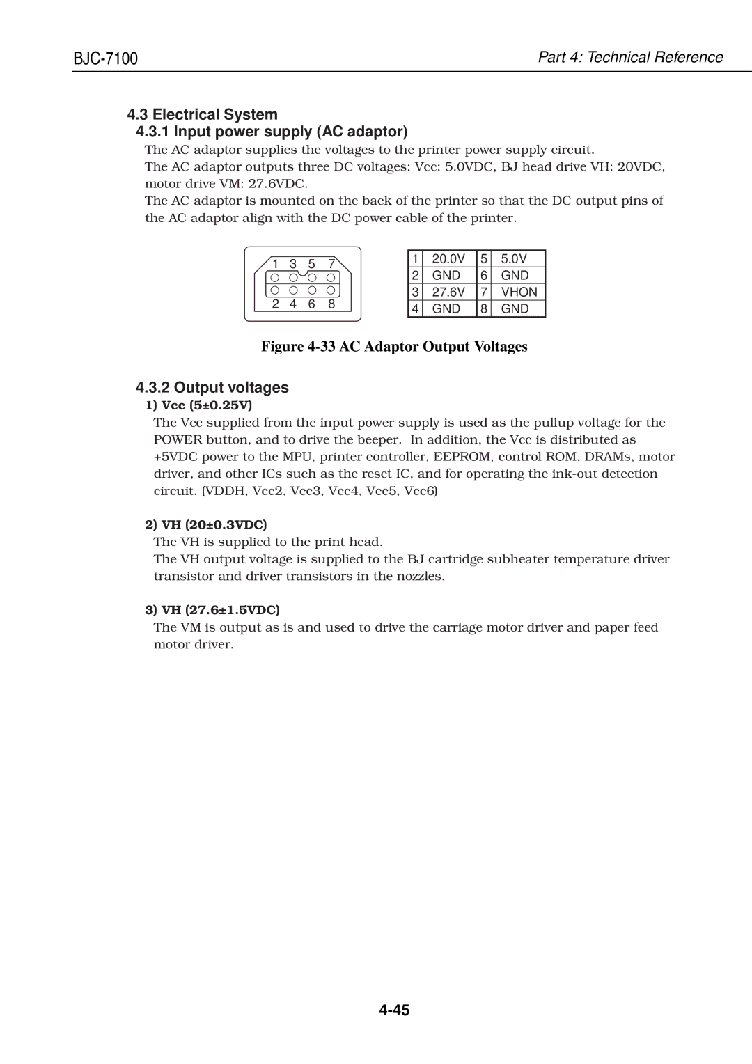 Canon QY8-1360-000 manual Electrical System Input power supply AC adaptor, Output voltages, Vcc 5±0.25V, VH 20±0.3VDC 