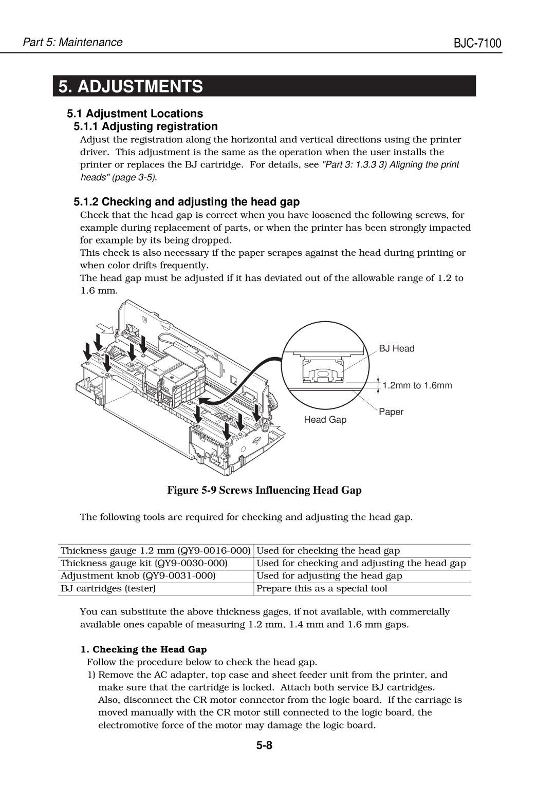 Canon QY8-1360-000 manual Adjustments, Adjustment Locations Adjusting registration, Checking and adjusting the head gap 