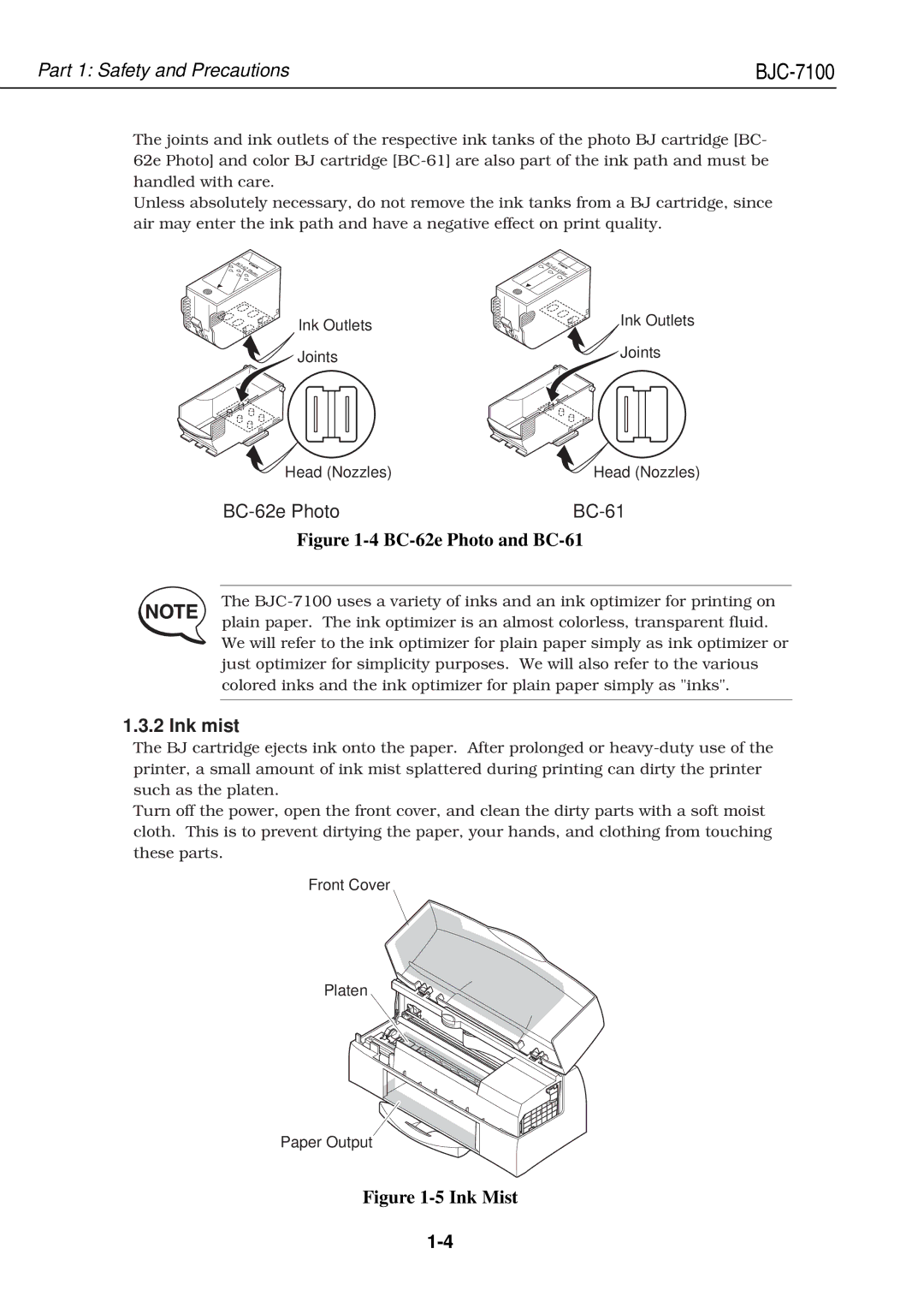 Canon QY8-1360-000 manual Ink mist, Ink Outlets Joints Head Nozzles, Front Cover Platen Paper Output 