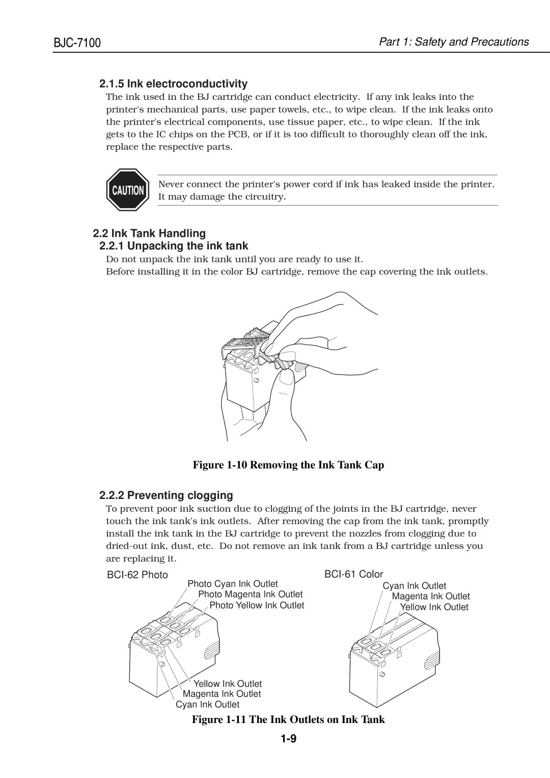 Canon QY8-1360-000 manual Ink electroconductivity, Ink Tank Handling Unpacking the ink tank, Preventing clogging 