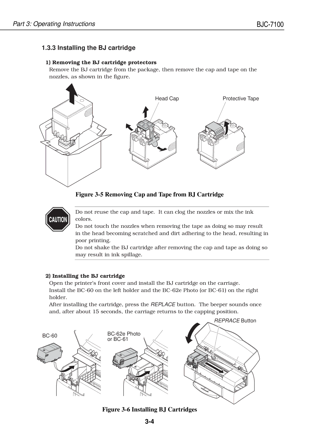 Canon QY8-1360-000 manual Installing the BJ cartridge, Removing the BJ cartridge protectors, BC-60 BC-62e Photo Or BC-61 