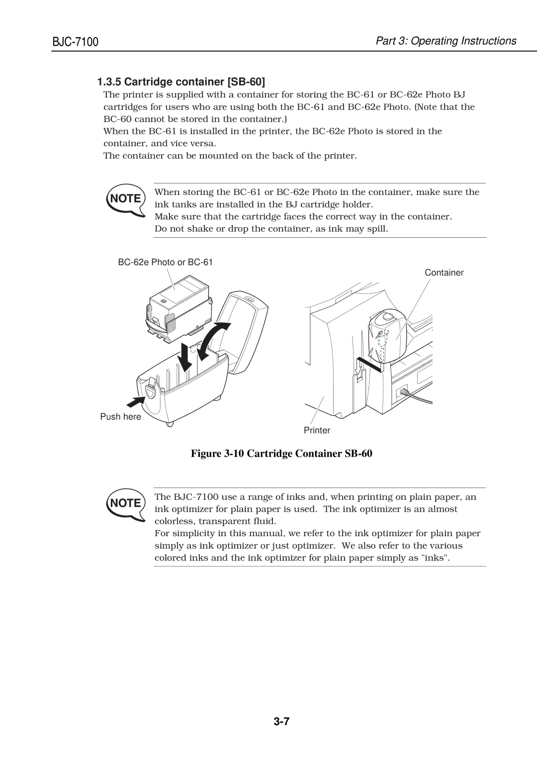 Canon QY8-1360-000 manual Cartridge container SB-60, BC-62e Photo or BC-61 Container Push here Printer 