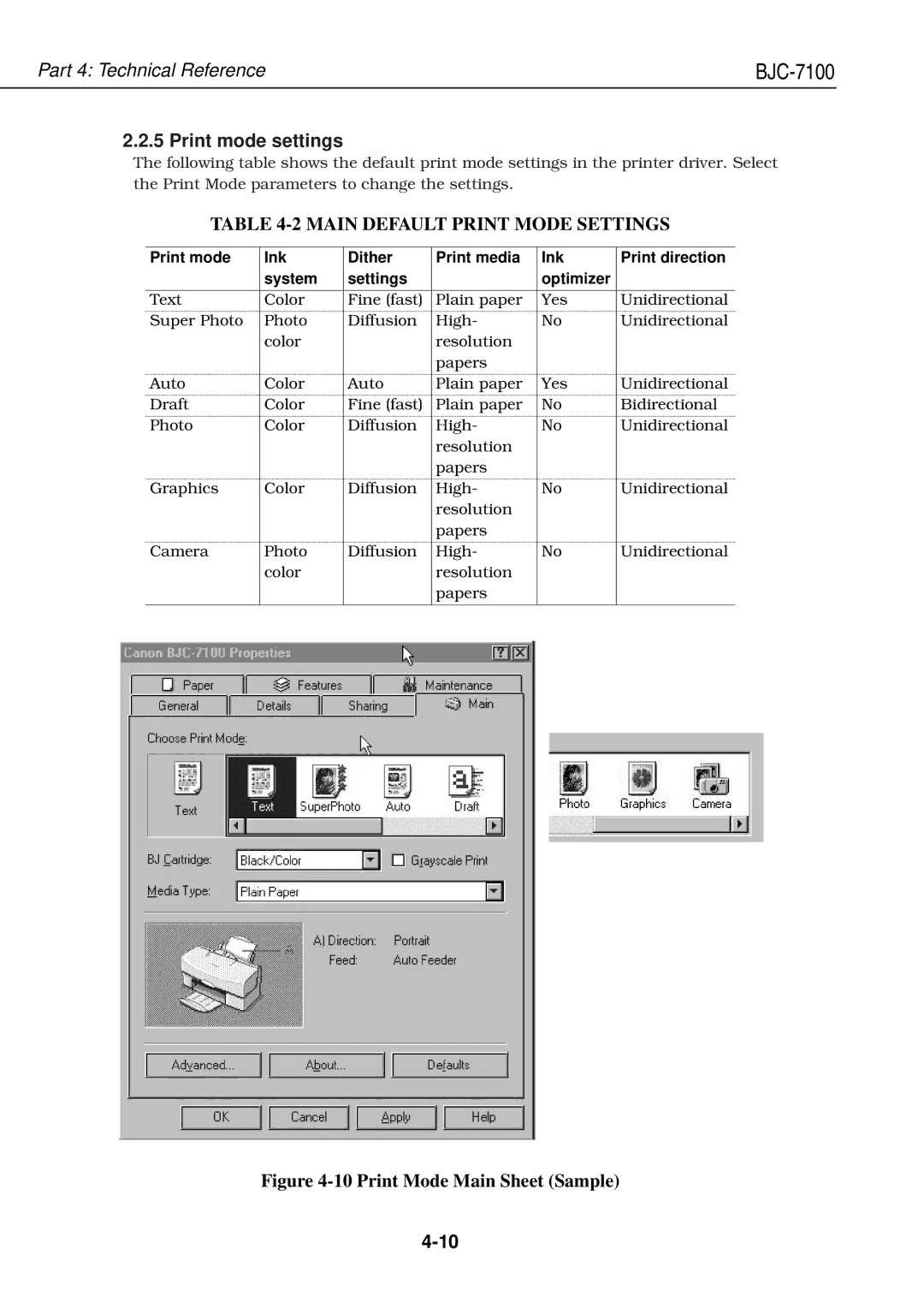 Canon QY8-1360-000 manual Print mode settings, Main Default Print Mode Settings 