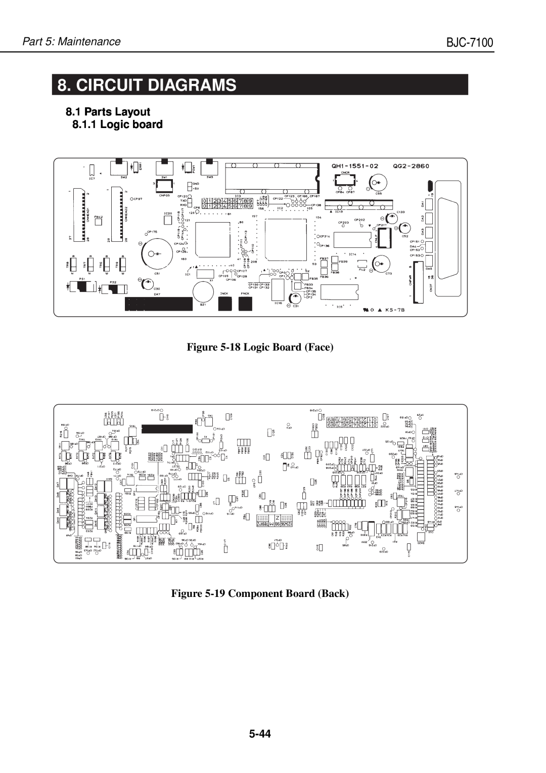 Canon QY8-1360-000 Circuit Diagrams, Parts Layout 8.1.1 Logic board, 18 Logic Board Face -19 Component Board Back, 5-44 