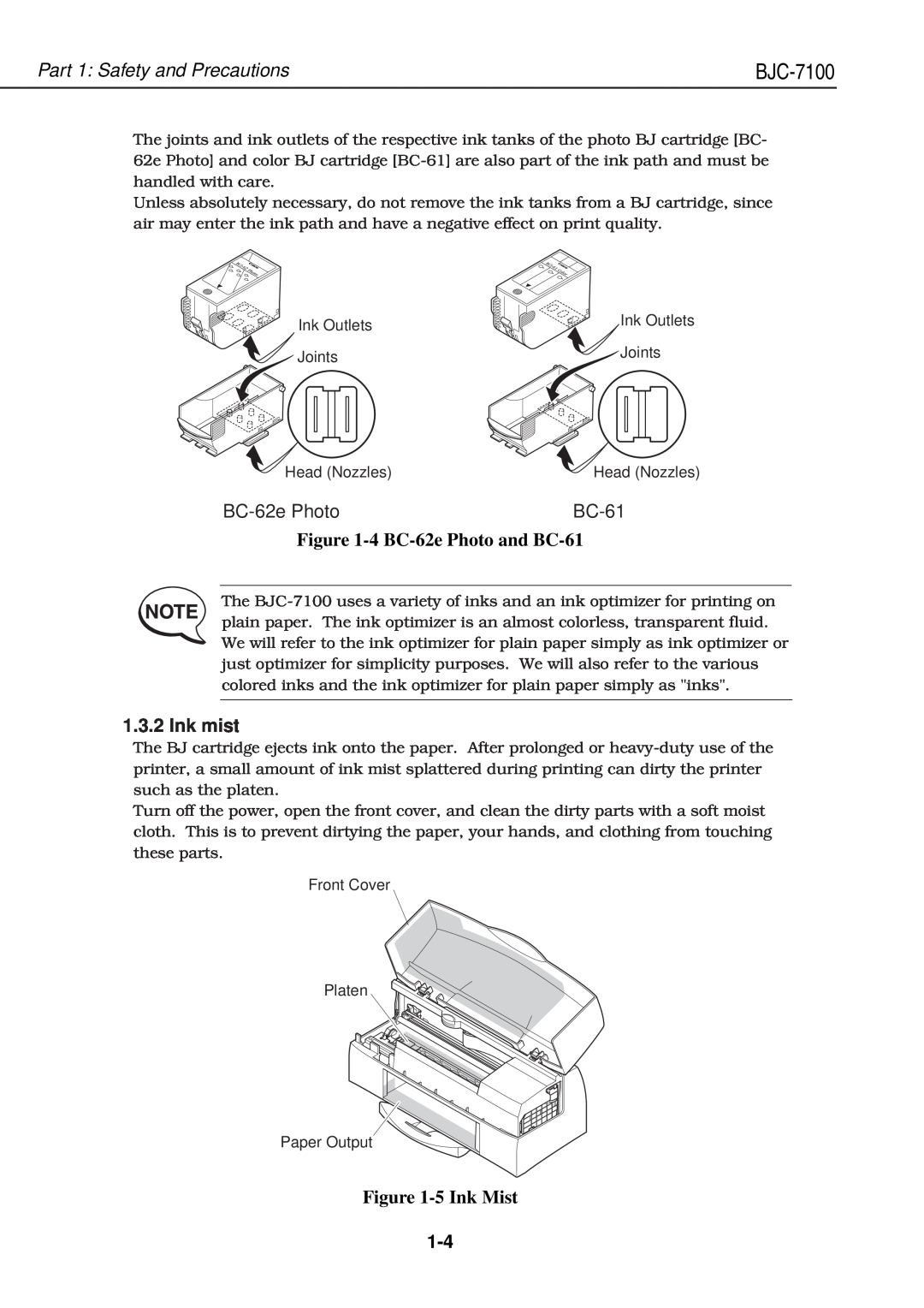 Canon QY8-1360-000 manual 4 BC-62e Photo and BC-61, Ink mist, 5 Ink Mist, Part 1 Safety and Precautions, BJC-7100 