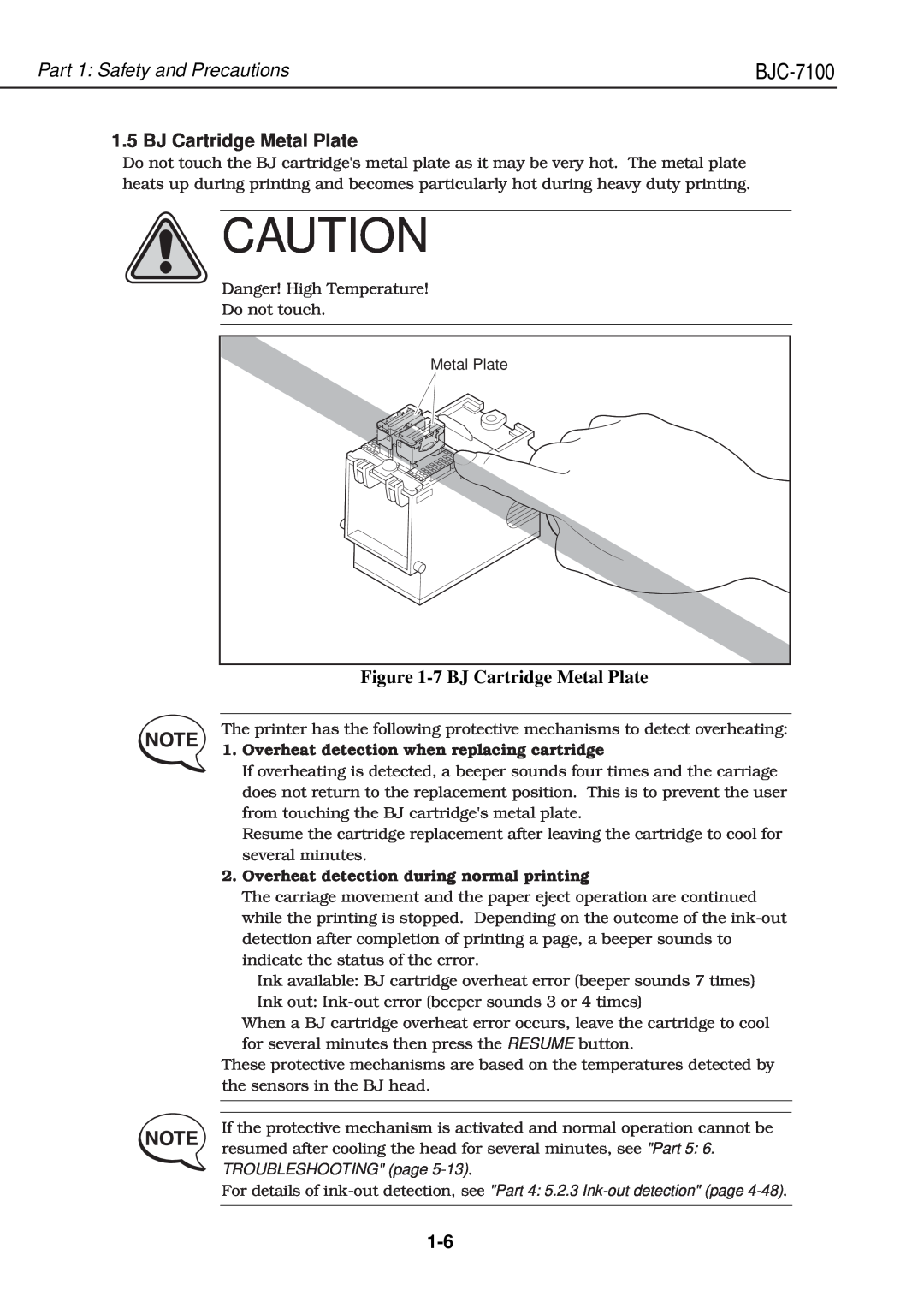 Canon QY8-1360-000 manual 7 BJ Cartridge Metal Plate, Part 1 Safety and Precautions, BJC-7100 