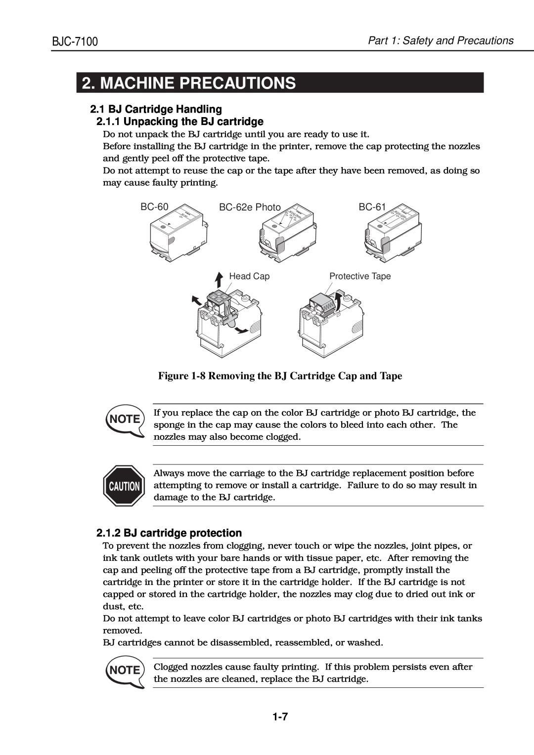Canon QY8-1360-000 Machine Precautions, BJ Cartridge Handling 2.1.1 Unpacking the BJ cartridge, BJ cartridge protection 